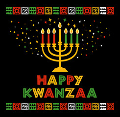 Vector illustration of Kwanzaa. Holiday african symbols with lettering, candles on black background.