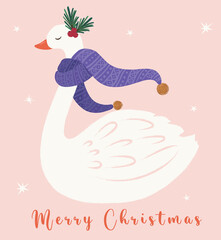 Beautiful swan illustration. Christmas cartoon vector. Cute bird from winter tale. Cute drawing for Christmas cards, t shirt-paper prints.