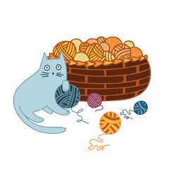 Isolated vector illustration card of cartoon cat playing with ball of threads and a basket