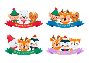Set of cute cartoon winter holiday badges. Four christmas illustrations of Christmas characters and ribbons with holiday greetings isolated on a white background. Vector illustration 10 EPS.