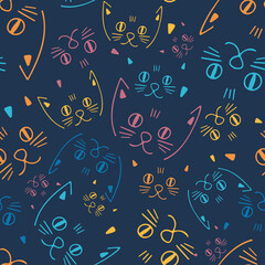 Seamless colorful vector pattern design of lined ornamental cartoon abstract cats snouts