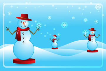 Snowman and snowflake Christmas season paper art, paper craft style on red background illustration