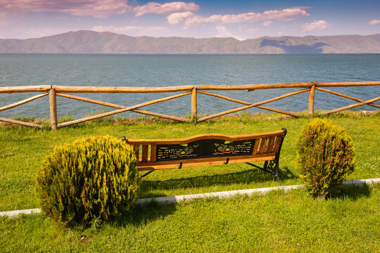 bench at the Sevan lake in Armenia. Great rest place and viewpoint