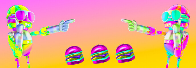 Minimalistic stylized collage banner art. 3d funny character burgers Man. Fast food creative concept