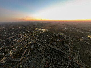 Aerial sunset in city
