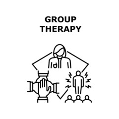 Group Therapy Vector Icon Concept. Counselor Therapist Coach Psychologist Speak At Group Therapy Session And Consultation. Psychoterapist Medicine Support And Team Work Black Illustration