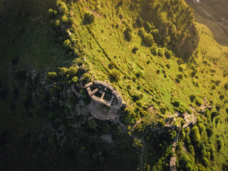 Aerial view from top to bottom of the Smbataberd fortress in Armenia. Historical and tourist attractions