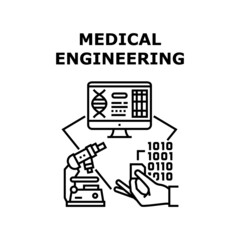 Medical Engineering Vector Icon Concept. Medical Engineering And Innovative Development, Laboratory Discovery And Experiment, Digital Researching. Modern Medicine Science Black Illustration