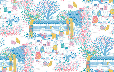 Seamless pattern illustration of Korean villagers enjoying traditional games in Korea. Design for Poster, card, picture frame, fabric, web design and print project	