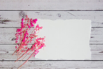Pink flowers with white paper over the white wooden table. 