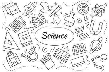 Science related elements and objects set. Linear vector illustration.