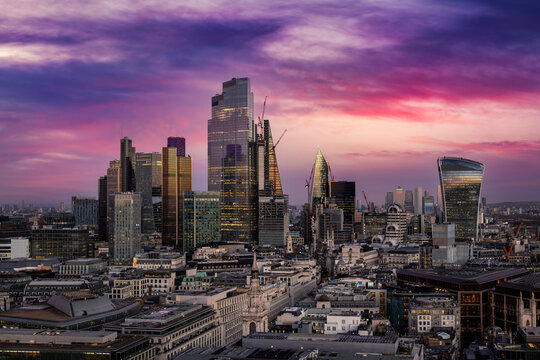 2021 Year View Of The Urban Skyline Of The City Of London During Dusk With The Completed Office Skyscrapers Reflecting The Soft Skylight