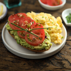 Scrambled eggs with avocado toast