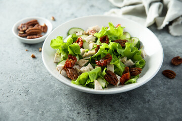 Green salad with chicken, pecan and sun dried tomatoes