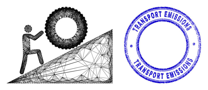 Carcass irregular mesh man rolling tire up icon with Transport Emissions dirty round stamp seal. Abstract lines form man rolling tire up picture.