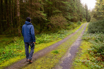 Man walking on a small road in a forest. Fresh air and healthy habit concept. Man dressed in blue jacket and jeans and black hat. Outdoor activity concept.