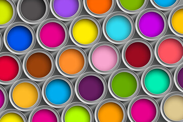 Buckets or metal cans with multi colored paint.