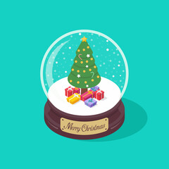 3D Merry christmas glass ball with Christmas tree and gift boxes