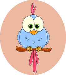 A cute painted blue parrot with bright red feathers and a tuft sits on a perch. A tropical bird. A feathered chick. Macaw parrot. A pet. A wild bird. Funny children's character. Vector.