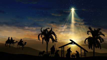 Christmas Nativity Scene with animals and trees on starry sky