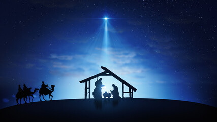 Christmas Nativity Scene with animals and wise men on starry sky - obrazy, fototapety, plakaty