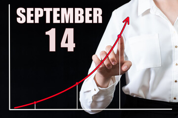 Businesswoman's hand pointing to the graph and a calendar with the date of 14 september. Business goals for the day.