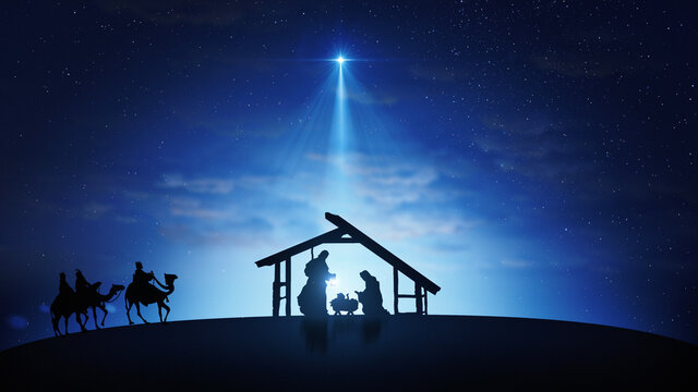 Christmas Nativity Scene with animals and wise men on starry sky
