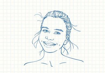 Happy teenage girl with broad smile, Blue pen sketch on square grid notebook page, Hand drawn vector linear illustration