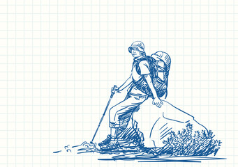 Female trekker with backpack sitting and resting on big rock, Blue pen sketch on square grid notebook page, Hand drawn vector illustration