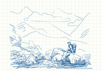 Female trekker with backpack sitting on big stone with mountain landscape on background, Blue pen sketch on square grid notebook page, Hand drawn vector illustration