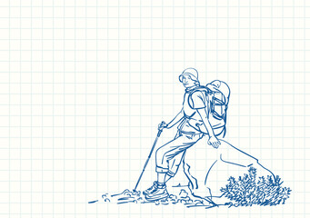 Female trekker with backpack sitting and resting on big rock, Blue pen sketch on square grid notebook page, Hand drawn vector linear illustration