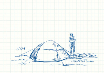 Female tourist standing next to tent, Blue pen sketch on square grid notebook page, Hand drawn vector illustration