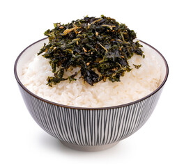 The seaweed seasoned laver anchovy with shrimp flavor sprinkled on rice. Rice Seasoning sprinkled on top of cooked rice isolated on white background clipping path. © MERCURY studio