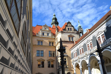 Fototapeta premium The Long Corridor of the Stable Yard (Stallhof), connects Johanneum and the Georgenbau, formerly courtyard was the site of tournaments, nowadays cultural events place. Dresden, Saxony, Germany.