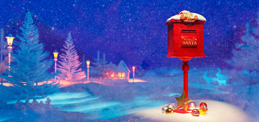 3D render of red Mailbox in snow at twilight.