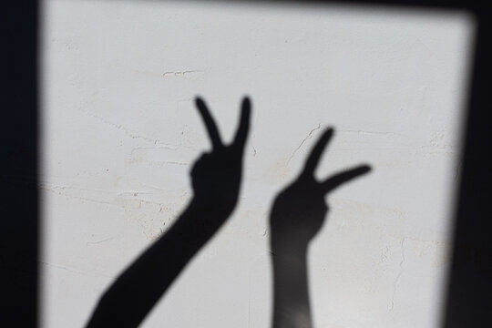 Shadow from female hands on a concrete wall, hands show the sign of victorie