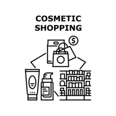 Cosmetic Shopping Store Vector Icon Concept. Cosmetic Shopping Store. Customer Choosing Cream Or Lotion Package On Shop Counter Shelves And Purchasing. Sale Discount Black Illustration