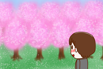 （上半身斜め後ろ）桜の名所を見て目を輝かせて感動している男子学生