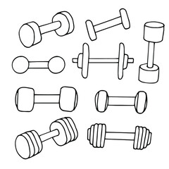 Set of different dumbbells vector illustration, hand drawing doodle