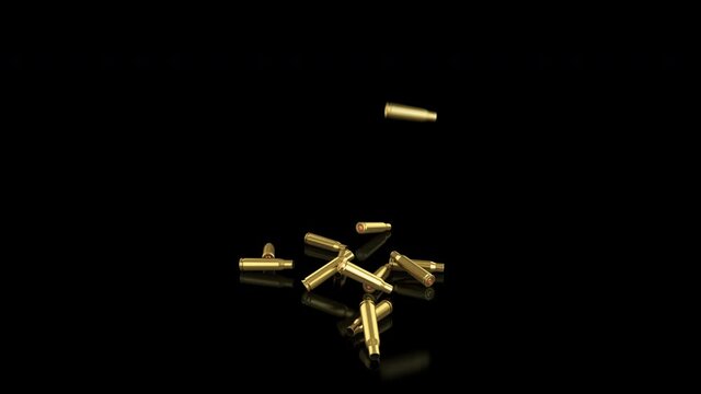 Falling cartridges from automatic weapons on a black and green background. 4k slow motion animation