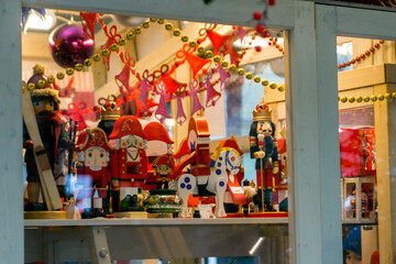 Christmas shop window with toy nutcrackers.