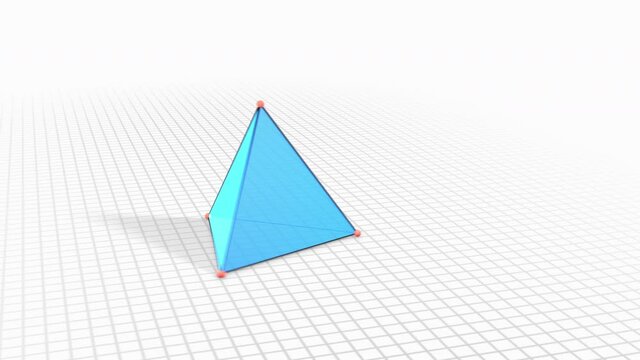 Tetrahedron net folding into a triangular pyramid with 4 triangular faces, 6 straight edges and 4 vertex corners. Platonic solid tetrahedron, 3d animation on white squared paper.
