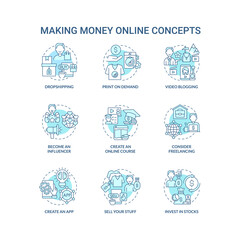 Making money online blue concept icons set. Digital entrepreneurship idea thin line color illustrations. Become influencer. Sell own stuff. Vector isolated outline drawings. Editable stroke