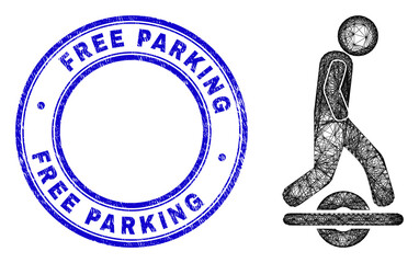 Hatched irregular mesh man drive one wheel icon with Free Parking corroded round seal print. Abstract lines form man drive one wheel picture. Blue stamp seal has Free Parking text inside round form.