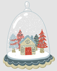 Cute simple illustration of Christmas snowglobe with trees, house and falling snow - 471038524