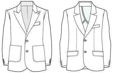 Retro blazer jacket peak lapel neckline two button long sleeve suit flat sketch vector illustration - obrazy, fototapety, plakaty