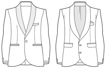 Shawl collar dinner jacket, set of long sleeve blazer suit flat sketch vector illustration