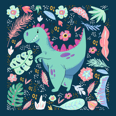 Cute cartoon little dinosaur - vector illustration. Cute simple dino, floral elements, roar, Great for designing baby clothes