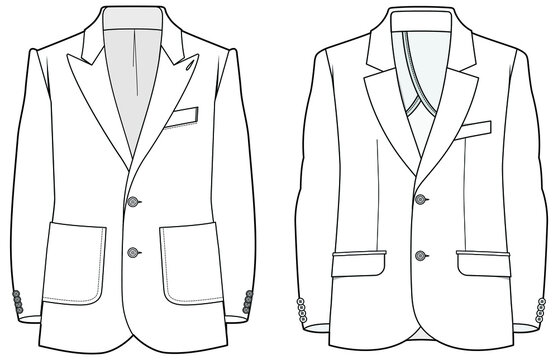 Retro Blazer Jacket Peak Lapel Neckline Two Button Long Sleeve Suit Flat Sketch Vector Illustration