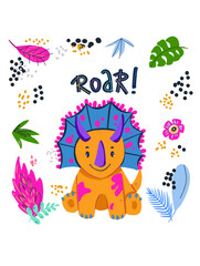 Cute cartoon little dinosaur - vector illustration. Cute simple dino, floral elements, roar, Great for designing baby clothes.